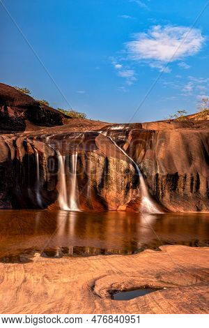 Tham Phra Waterfall Waterfall Located In Bueng Kan Province, Thailand. There Will Be Little Water In