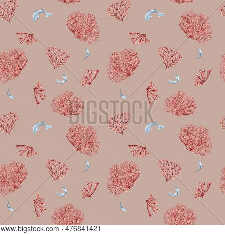 Seamless Pattern Of Sea Plants, Coral Watercolor Isolated On Pink Background. Pink Agar Agar Seaweed