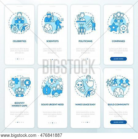 Trend Setters Blue Onboarding Mobile App Screen Set. Marketing Strategy Walkthrough 4 Steps Editable