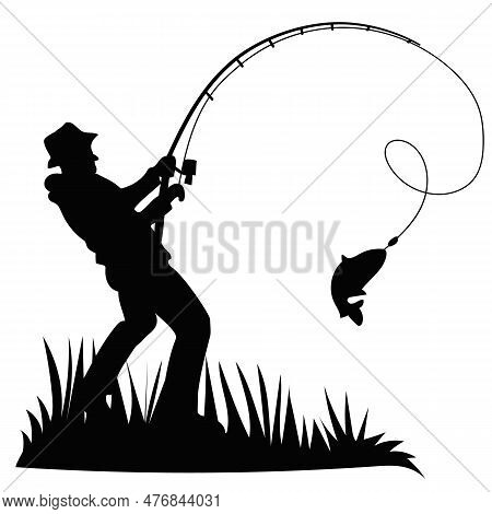 Black Silhouette Of A Fisherman With A Fishing Rod And A Fish On A White Background. Suitable For Us