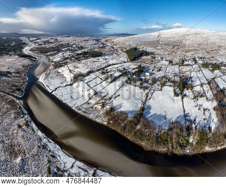 Aerial View Of Snow Covered Gweebarra River Between Doochary And Lettermacaward In Donegal - Ireland