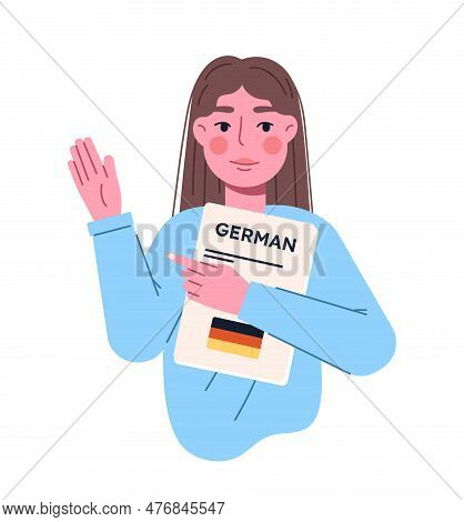 Woman With Book Concept. Young Girl With German Textbook. Education, Learning And Training. Characte