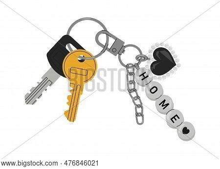 Door Keys With Keyfobs Concept. Icon For Website. Ring With Bunch Of Keys And Charm. Private Propert