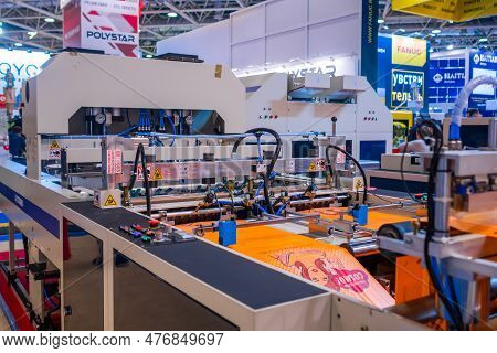 Moscow, Russia - June 05, 2019: Package Exhibition. Fully Automatic High Speed Shopping Bag Making M
