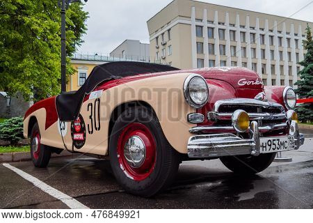 Nizhny Novgorod, Russia - June 15, 2020: Classic Soviet Car Exhibition. Customized Beige And Red Gaz