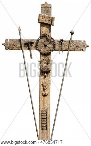 Old Wooden Cross With The Symbols Of The Passion Of Jesus Christ, Pincer, Ladder, Hammer, Chalice, S