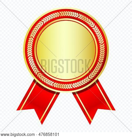 Golden Medal With Red Ribbon. Gold Badge With Red Ribbon. Blank Gold Medal. Champion And Winner Awar
