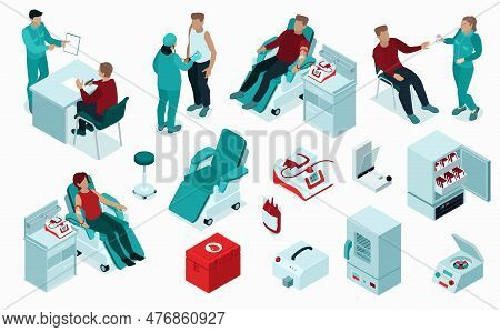 Blood Donation Procedure Isometric Set With Registration Screening Donors Kit Collection Monitor Rec