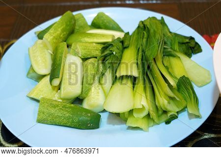 Lalapan Or Mixed Raw Vegetables Side Dish From Indonesia.
