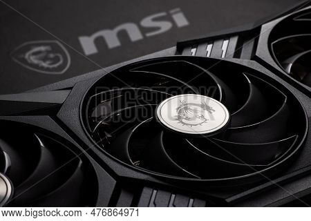 Dnipro, Ukraine - February 23, 2023: Msi Graphics Video Card Details With Logo, Pc Hardware Close-up
