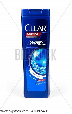 Dnipro. Ukraine - April 06, 2003. Clear Men Anti-dandruff Shampoo Isolated On White Background. Clea