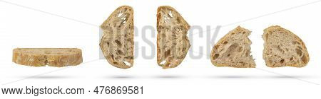 Set Of Slices Of Fresh Ciabatta Bread On A White Isolated Background. Slices Hang Or Fall On A White