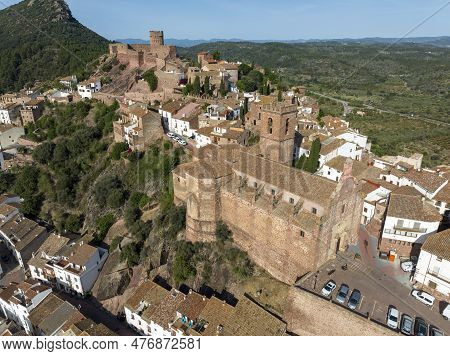 Aerial Panoramic View Of Vilafames In Castellon Listed As Beautiful Towns Of Spain. Foreground The C