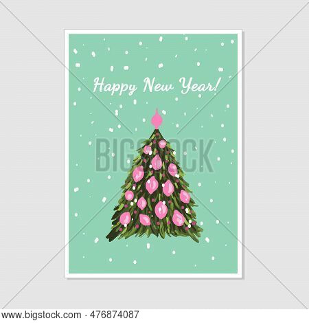 Christmas Tree Illustration On Blue Background. Christmas Postcard With Red Car And Chrisrmas Tree