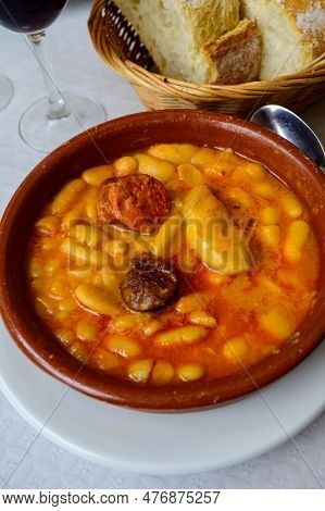 Fabada Asturiana, Asturian bean stew, Spain, Hot And Heavy Dish Served With Asturian cider or A red