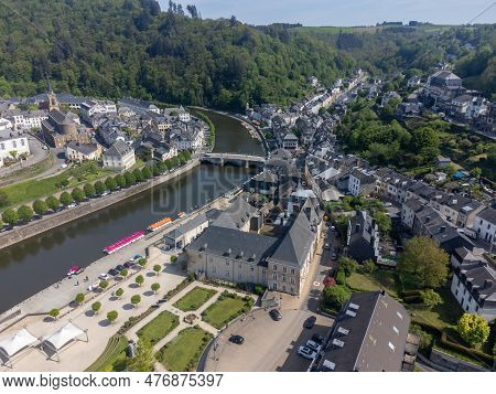 Aerial View On Medieval Town Bouillon With Fortified Castle, Luxembourg Province Of Wallonie, Belgiu