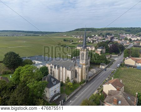Panoramic Aerial View On Green Grand Cru Champagne Vineyards Near Villages Avize And Oger, Cotes Des