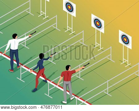 Isometric Shooting Range Composition With View Of People Fire Guns With Targets On Stands And Barrie