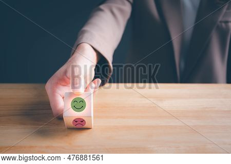 Businesswoman Choosing On The Happy Smile Face Icon Give Satisfaction In Good Service, Smile Face An