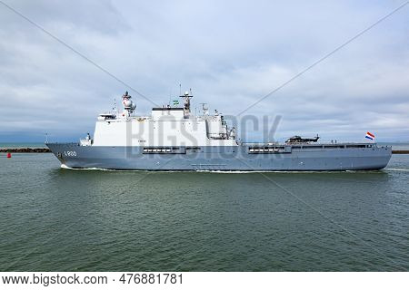 Rotterdam, Netherlands - 03.20.2021 - The Dutch Warship Hnlms Rotterdam With A Helicopter On Board I
