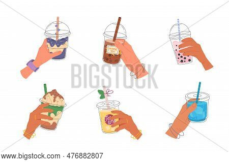 Hands Holding Bubble Tea Cups With Tapioca Pearls. Boba Tea. Taiwanese Drink. Summer Cold Drink. Han