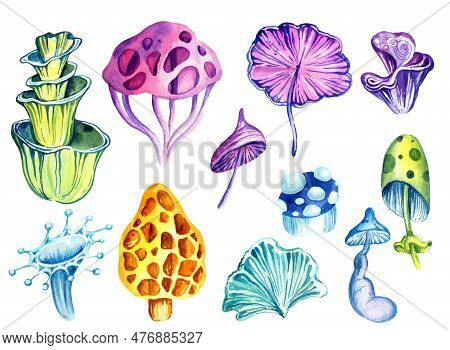 Watercolor Composition Of Fantastic Cosmic Mushrooms And Stas On White Background, Hand Draw Illustr