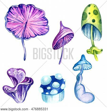Watercolor Composition Of Fantastic Cosmic Mushrooms And Stas On White Background, Hand Draw Illustr