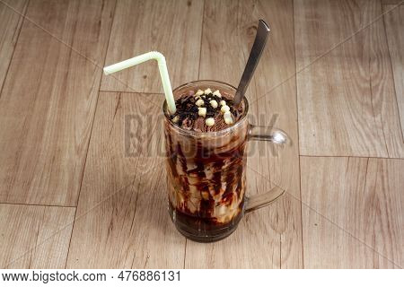 Chill Chocolate Falooda In Glass On Wooden Background