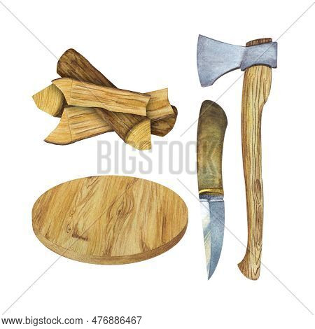 Axe With Wooden Handle And Hunting Knife With Wooden Handle For Camping. Round Wooden Cutting Board,