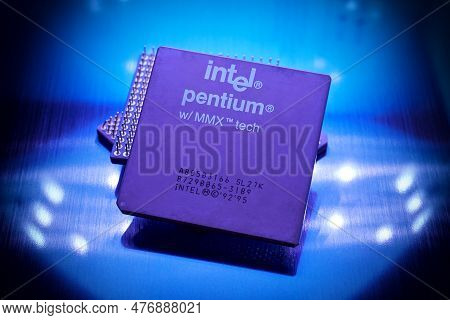 Ryazan, Russia - May 13, 2023: Intel Pentium Mmx Microprocessor Close-up. Early Intel Pentium Cpu