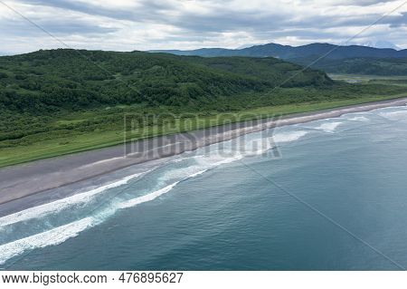 Khalaktyrsky Beach With Black Sand On Kamchatka Peninsula, Russia, Pacific Ocean