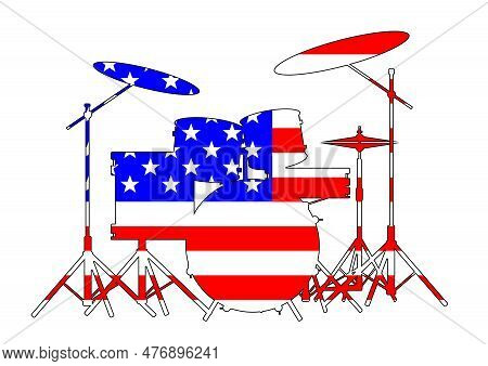 Silhouette Of A Rock Bands Drum Kit Isolated On White And Inset With Old Glory Stars And Stripes Fla