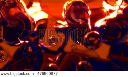 Orange Glowing Pellucid Fluid Bubbles On Black Bg - Abstract 3d Illustration
