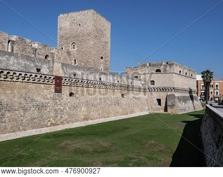 Bari, Italy - October 30, 2021: Moat And Tower At Castello Svevo Di Bari Castle  In Italy Ain Aftern