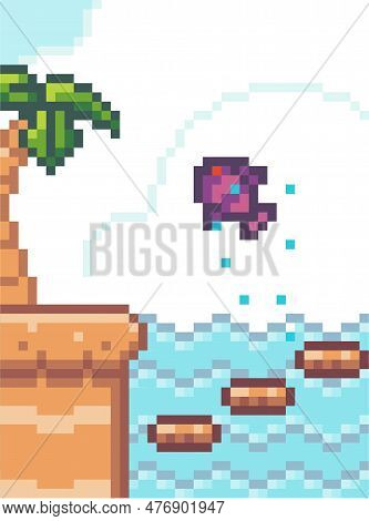 Pixel Game Interface. Fish With Red Eyes Jump Out From Water, Palm At Beach. Pixelated Monster Npc I