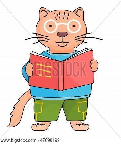 Cute Cartoon Cat Wearing Eyeglasses, Hoodie, Pants Reading Book Isolated At White. Clever Orange Cat