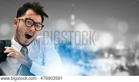 Double Exposure Surreal Image Of Businessman Running Fast In The City With Modern Buildings Cityscap