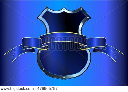 A Blank Metal Shield Over A Blue Background With Blank Message Ribbon