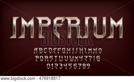 Imperium Alphabet Font. Damaged Metal Old Letters, Numbers And Symbols. Stock Vector Typescript For 