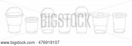 A Set Of Plastic Cups For Cold Drinks. Plastic Cup Template Silhouette On Isolated White Background.