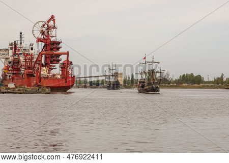 Gdansk, Poland - 01 May 2019: View Of The Gdansk Shipyard. Port Infrastructure. Tourist Cruise On Th