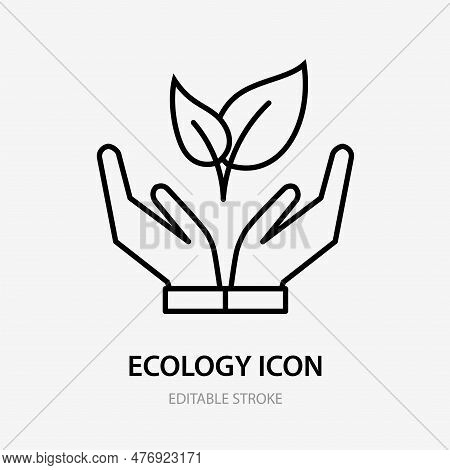 Vector Ecology Icon. Plant In Hands. Vector Thin Sign Of Environment Protection, Ecology Concept Log