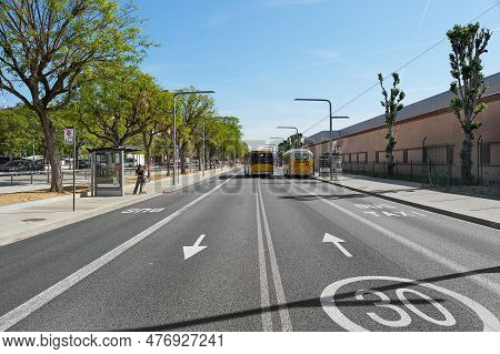 Gava - May 28, 2023: Citizen Public Transport In Streets Empty Of Traffic