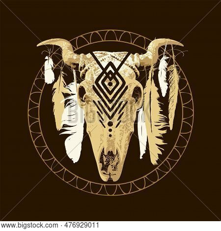Ethnic Indian, American Or Mexican Bull Or Cow Skull With Feathers On Horns With Folk Ornament. Vect