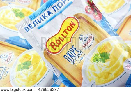 Rollton Instant Mashed Potatoes On A Blue Background. Fast Food, Junk Food.