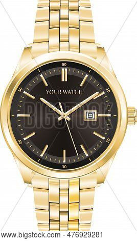 Realistic Watch Clock Chronograph Gold Steel Black Design Luxury Fashion Object For Men On White Bac