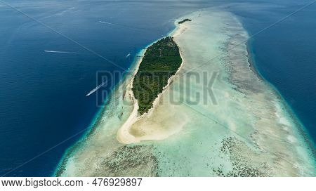 Tropical Island Mataking With Coral Reef And Atoll View From Above. Tun Sakaran Marine Park. Borneo,