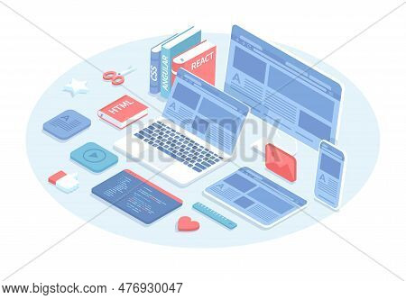 Front End Development. Website Ui Ux Interface On A Monitor Screen, Laptop, Tablet, Phone. Software 
