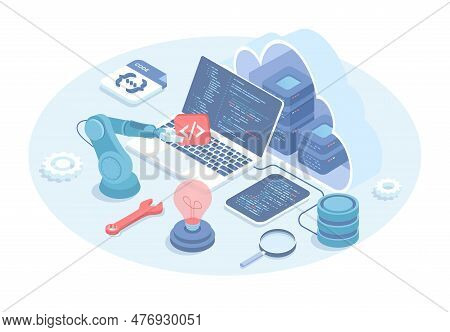 Back End Development. Backend App Development Process. Software Engineering, Coding, Programming. Ve