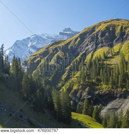 Switzerland Mountain Valley Kiental, Berner Oberland Alps. Snow Mountains, Sunny Weather, Travel To 